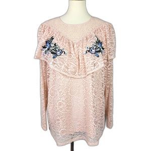 Lane Bryant Peach Floral Lace Embroidered Ruffle Long Sleeves Top Size 14